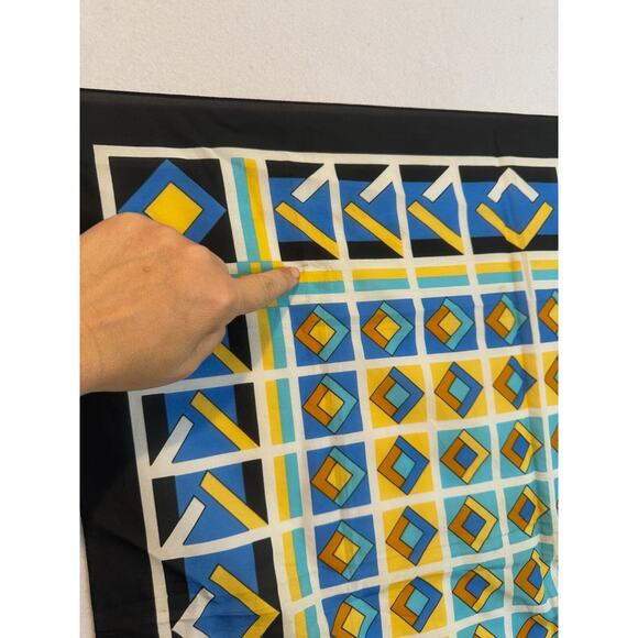 Vintage Scarf Geometric Blue Yellow Black Blue 26.5" x 26.5" Made in Italy - Picture 6 of 6